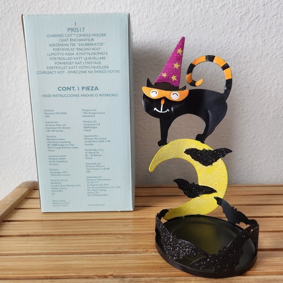 Halloween PartyLite Charmed Cat Tealight Votive Candle Holder Sparkly Witch Moon - Picture 9 of 10